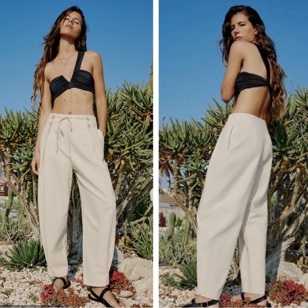 Zara Tan/ Cream High-Waist Relaxed Trousers
